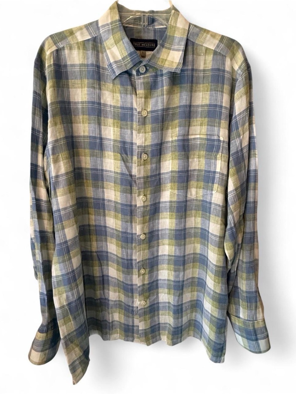 Periwinkle, Green and White Plaid Men's Linen Button-Down Shirt